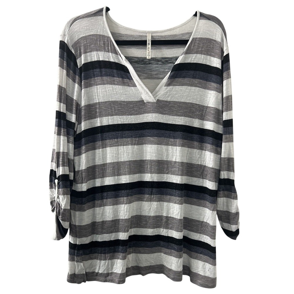 Leo & Nicole Striped Knit Top L Grey Black Roll Tab Sleeve Casual Minimalist